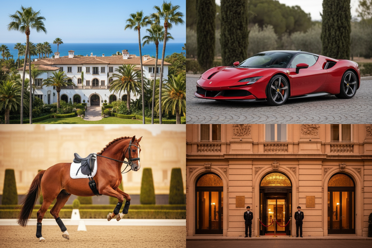 4 fotos en una 1 villa 1 ferrari rojo mate 1 caballo 1 hotel luxury 