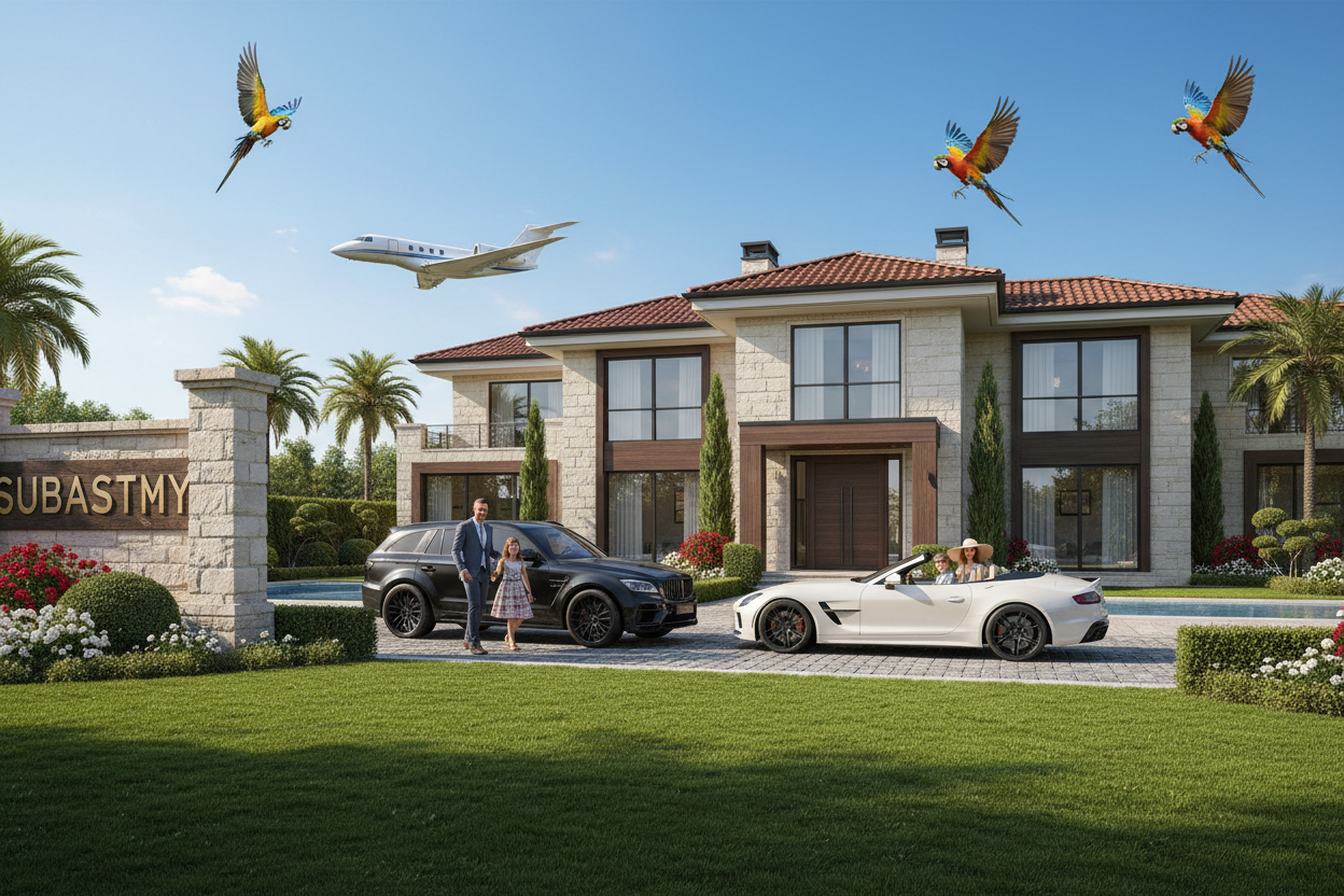 CREA UNA VILLA CON TERRENO CON IERBA VERDE DOS COCHES QUE CADA UNA SALE UN PADRE CON SU HIJA Y EL OTRO COCHE LA MADRE SLIENTO CON EL HIJO COCHES LUXURY MANSORY Y ALGUN PAGARO T UN AVIONETA PASANDO DETRAS UN CARTEL QUE DIGA ALGO GRANDE SUBASTMY