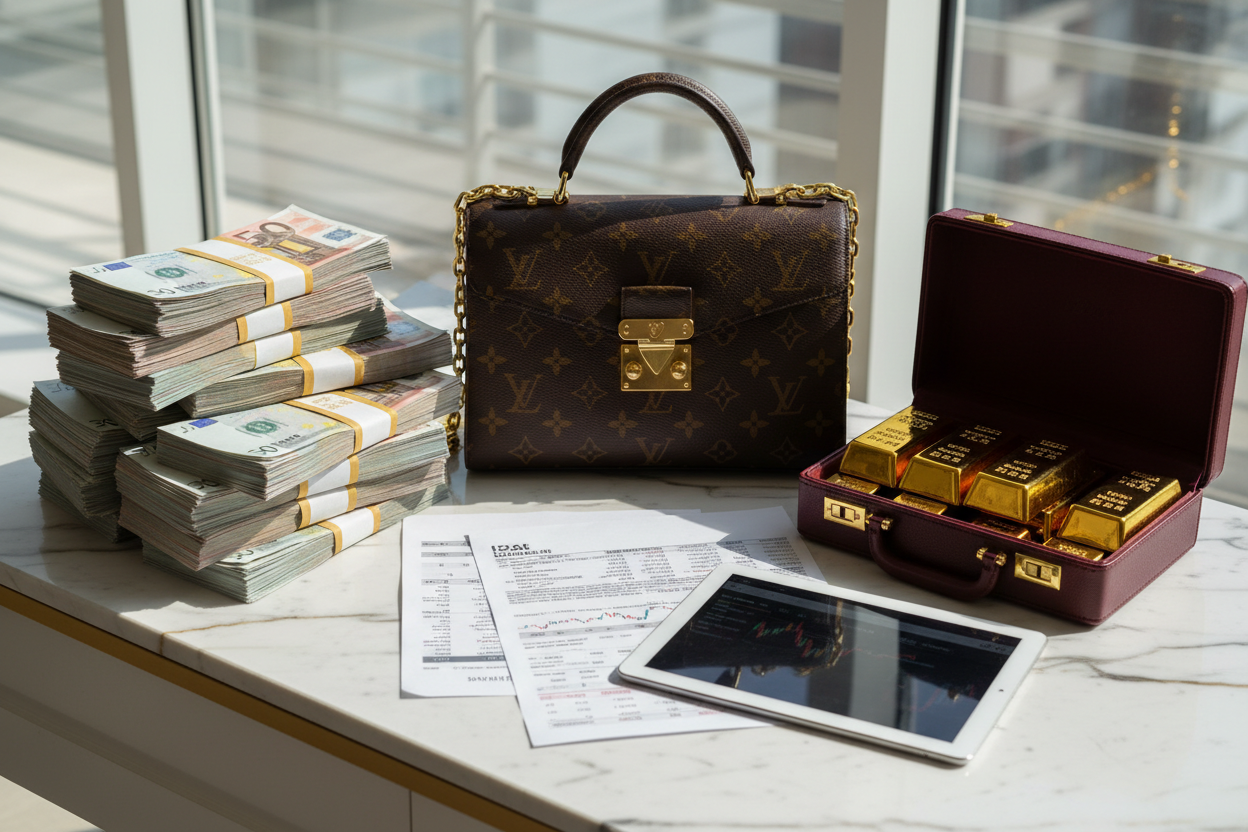 UN FONDO CON MAS LUZ UN BOLSO DE LUIS VUITTON MUCHO DINERO QUE PARECC rela fajotes un mini maletinn de lingotes de oro de 24k y hojas de inversion de la bolsa en una mesa de marmol blanca con linas doradas